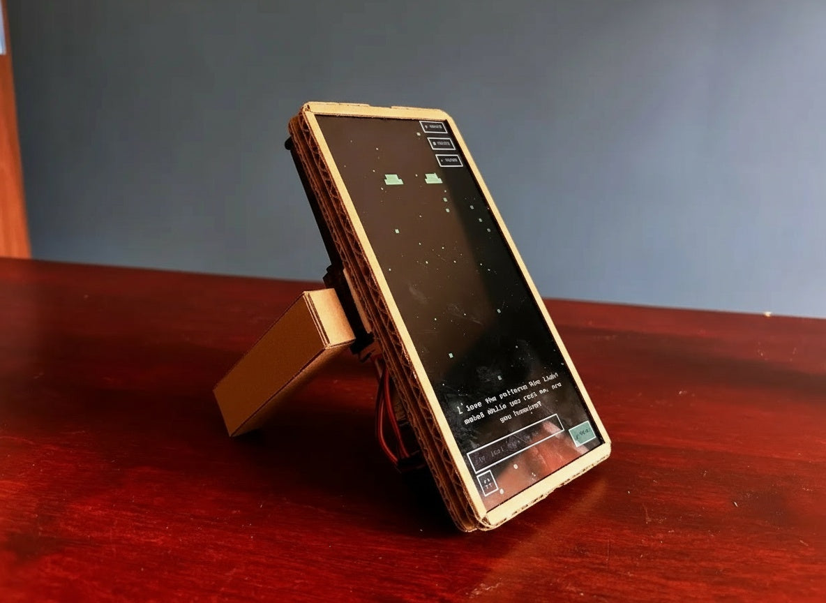 The real Growbot prototype, a phone as its face, standing on a desk